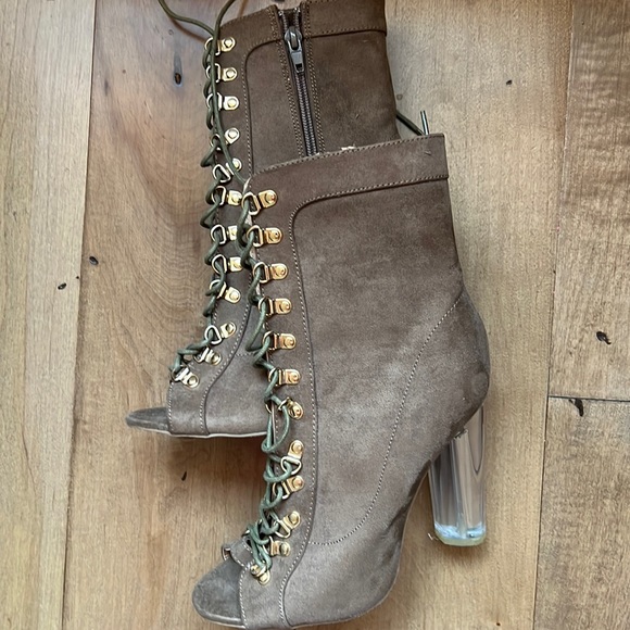 6.5 tan peep toe, lace up booties with clear heel and gold detail NWOT. - Picture 2 of 6